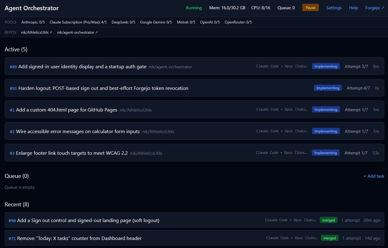 Agent Orchestrator dashboard — live agent tasks, the queue, and host resource usage